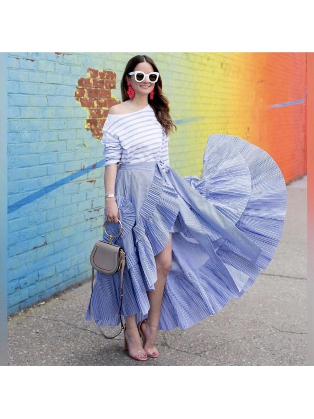 J.Crew Collection Blue White Striped Ruffle Wrap Cotton Midi Skirt Sz 16 NWOT